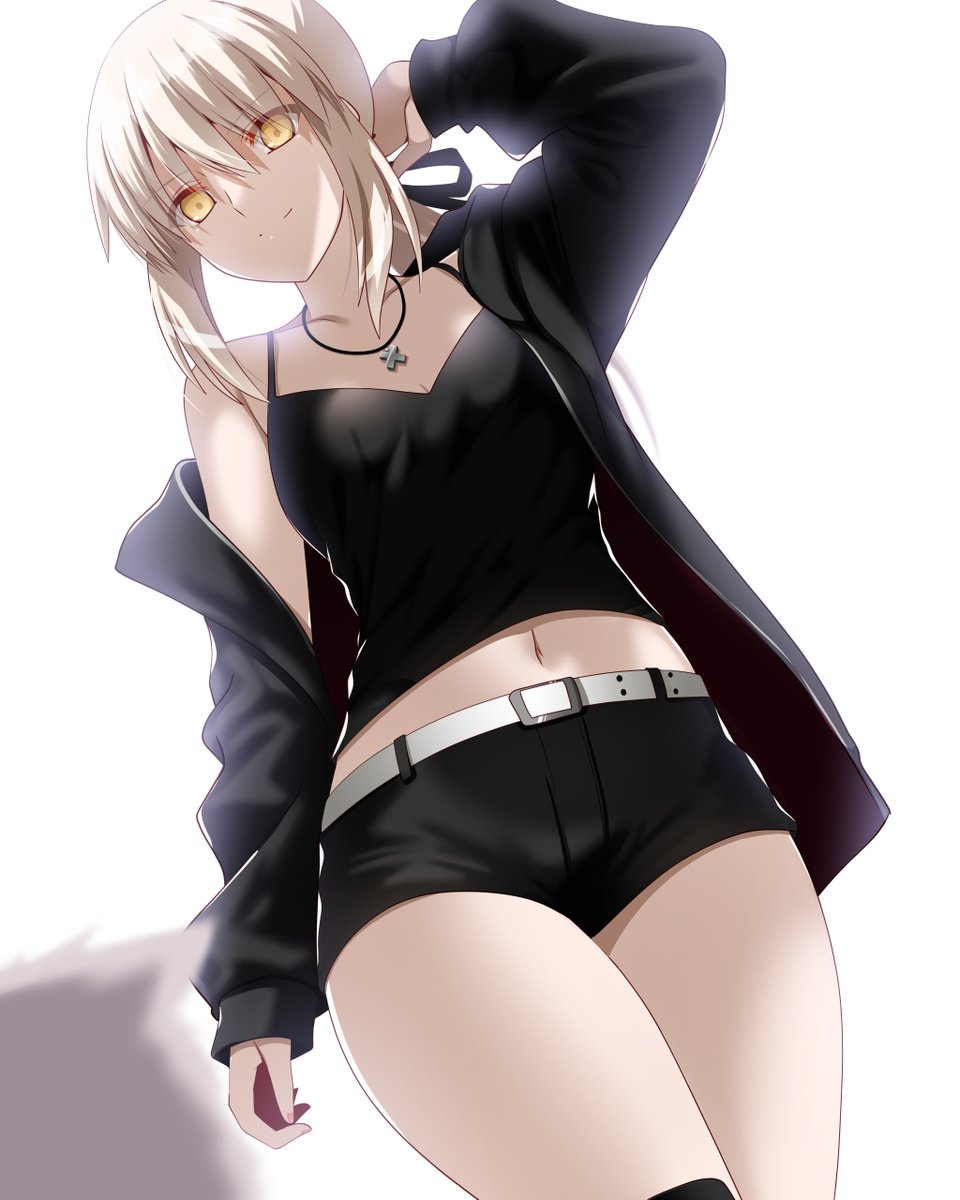 1girl artoria_pendragon_(fate) bare_shoulders black_camisole black_jacket black_ribbon black_shorts blonde_hair breasts camisole cavall_the_2nd cleavage collarbone dog engo_(aquawatery) fate/grand_order fate_(series) hair_ribbon highres jacket jewelry long_hair long_sleeves looking_at_viewer low_ponytail medium_breasts necklace off_shoulder open_clothes open_jacket ribbon saber_alter saber_alter_(ver._shinjuku_1999)_(fate) short_shorts shorts sidelocks smile solo_focus thighs yellow_eyes