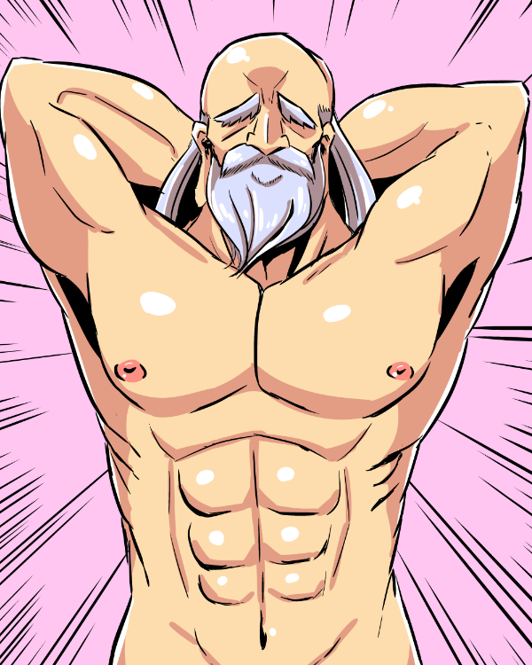 1boy abs april_fools armpits arms_behind_head arms_up beard commentary_request emphasis_lines facial_hair facing_viewer grey_hair monk_3_(sekaiju) mustache naga_u navel nude out-of-frame_censoring pink_background sekaiju_no_meikyuu simple_background upper_body