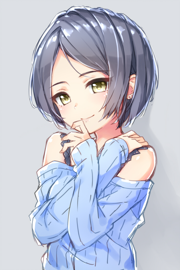 1girl black_hair blue_sweater breasts earrings grey_background hand_on_own_chin hand_on_own_shoulder hayami_kanade idolmaster idolmaster_cinderella_girls jewelry kuresuku_(lessons) light_smile looking_at_viewer medium_breasts off_shoulder parted_bangs short_hair sidelocks simple_background solo sweater upper_body yellow_eyes