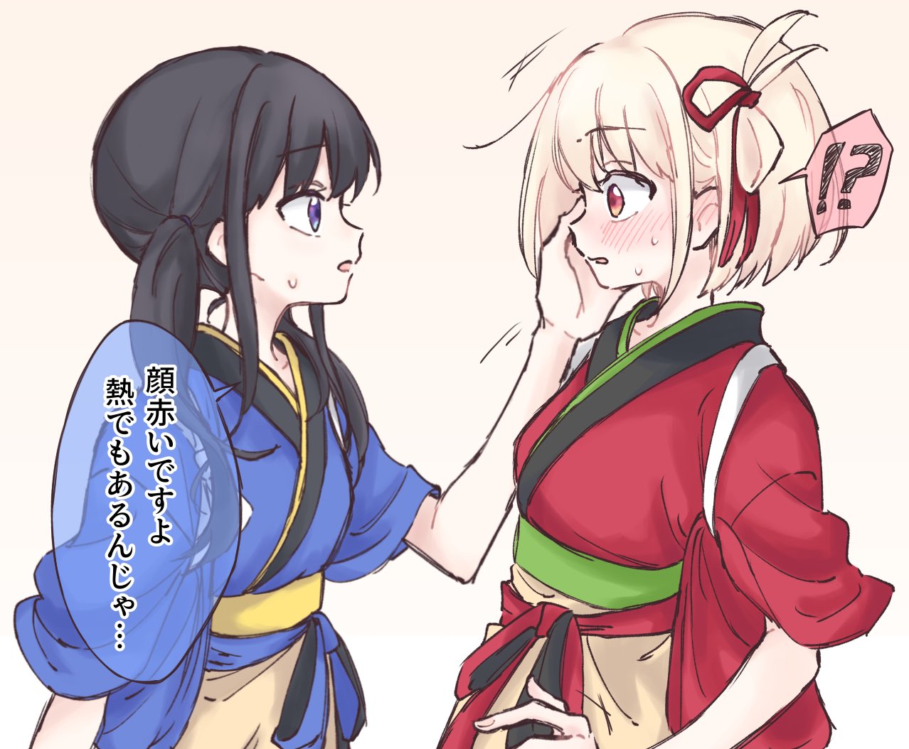 2girls black_hair blonde_hair blue_kimono blush commentary_request eye_contact hair_ribbon hand_on_another's_face inoue_takina japanese_clothes kimono looking_at_another lycoris_recoil medium_hair multiple_girls nishikigi_chisato obi one_side_up open_mouth purple_eyes red_eyes red_kimono red_ribbon ribbon sash short_sleeves speech_bubble sweat sweatdrop syonosuke9573 translation_request twintails upper_body yuri