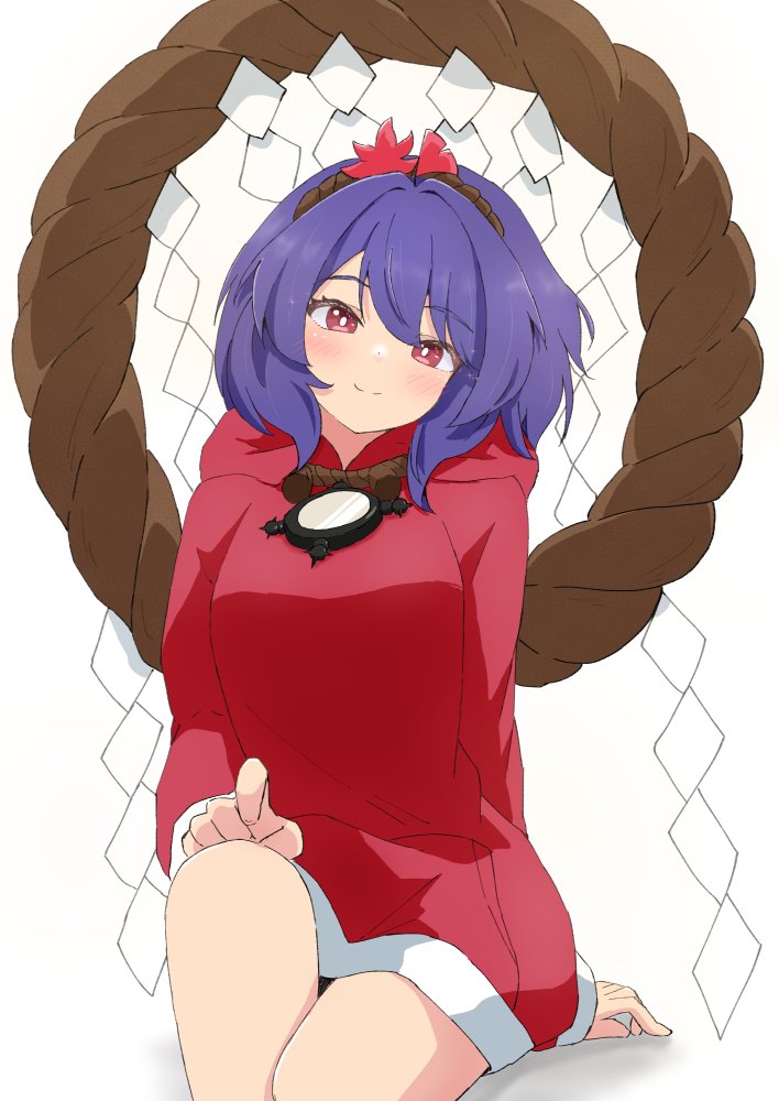 1girl bare_legs blush breasts commentary_request hair_ornament happy head_tilt hood hood_down hoodie leaf_hair_ornament long_sleeves medium_breasts mirror mizune_(winter) puffy_sleeves purple_hair red_eyes red_hoodie rope shimenawa short_hair simple_background sitting smile solo touhou yasaka_kanako