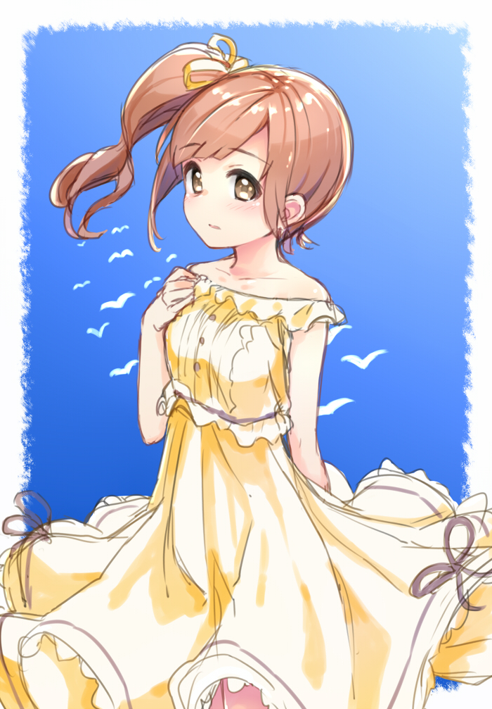 1girl arm_behind_back bare_shoulders blue_sky blush breasts brown_eyes brown_hair collarbone dress frilled_dress frills hand_on_own_chest idolmaster idolmaster_cinderella_girls igarashi_kyoko kuresuku_(lessons) looking_at_viewer looking_to_the_side off_shoulder outside_border parted_lips short_hair side_ponytail sidelocks sky sleeveless sleeveless_dress small_breasts solo swept_bangs wind wind_lift yellow_dress