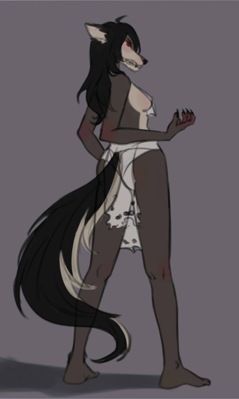 13hyun13 anthro anus black_hair bottomwear bra breasts butt canid canine claws clothing colored fangs feet female fox fur hair hi_res looking_at_viewer mammal nails rear_view red_eyes shadow sketch skirt solo standing tail teeth the_sake_ninja torn_clothing true_fox underwear