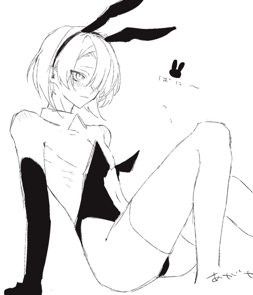 1boy androgynous animal_ears black_gloves blush elbow_gloves freminet_(genshin_impact) genshin_impact gloves hair_over_one_eye male_focus male_playboy_bunny otoko_no_ko playboy_bunny rabbit_ears rabbit_tail short_hair shy solo_focus tail wglf white_background