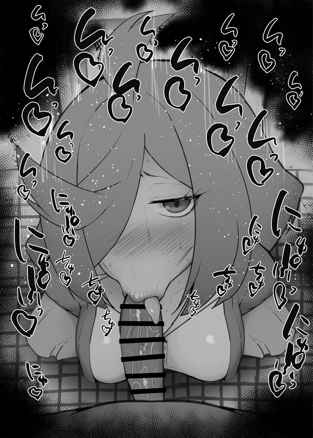 1boy 1girl :&gt;= ahoge anemo_nemo bar_censor blue_hair blush breasts censored erection fellatio greyscale hair_over_one_eye hetero kurotama large_breasts long_hair looking_at_viewer mahou_shoujo_ni_akogarete monochrome nose_blush oral penis pointless_censoring pov pov_crotch saliva short_hair solo_focus sound_effects sweat tile_floor tiles toilet toilet_stall tongue tongue_out