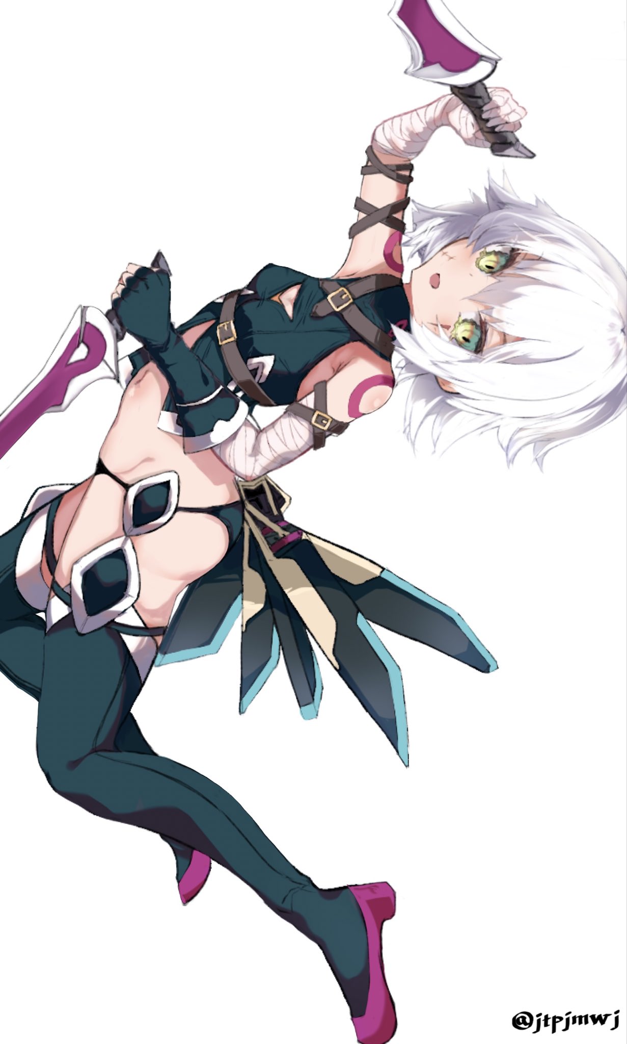 1girl arched_back bandaged_arm bandages black_panties breasts crop_top dagger dual_wielding fate/apocrypha fate/grand_order fate_(series) gloves gyaito highres holding holding_dagger holding_knife holding_weapon jack_the_ripper_(fate/apocrypha) knife looking_at_viewer navel panties scar scar_across_eye short_hair simple_background small_breasts smile solo thighhighs underwear weapon white_background white_hair yellow_eyes