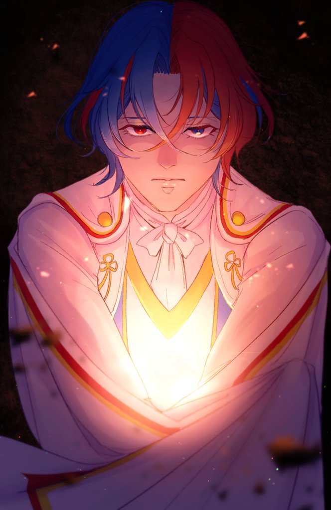 1girl alear_(fire_emblem) alear_(male)_(fire_emblem) blue_eyes blue_hair crossed_bangs fire_emblem fire_emblem_engage heterochromia looking_at_viewer moretemath multicolored_hair red_eyes red_hair solo split-color_hair two-tone_hair