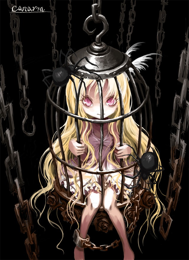 1girl birdcage black_background blonde_hair bound bound_legs bug cage chain cuffs long_hair original red_eyes restrained shackles sitting solo spider ume_(illegal_bible)