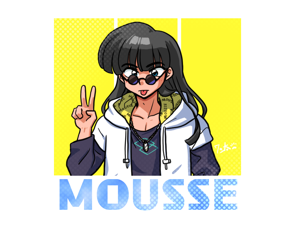 1boy :p black_hair black_undershirt character_name diamond_(shape) green_eyes hand_up hood hoodie long_hair looking_over_eyewear mousse_(ranma_1/2) ranma_1/2 signature silver_necklace sunglasses tongue tongue_out two-tone_background v wanta_(futoshi) white_hoodie