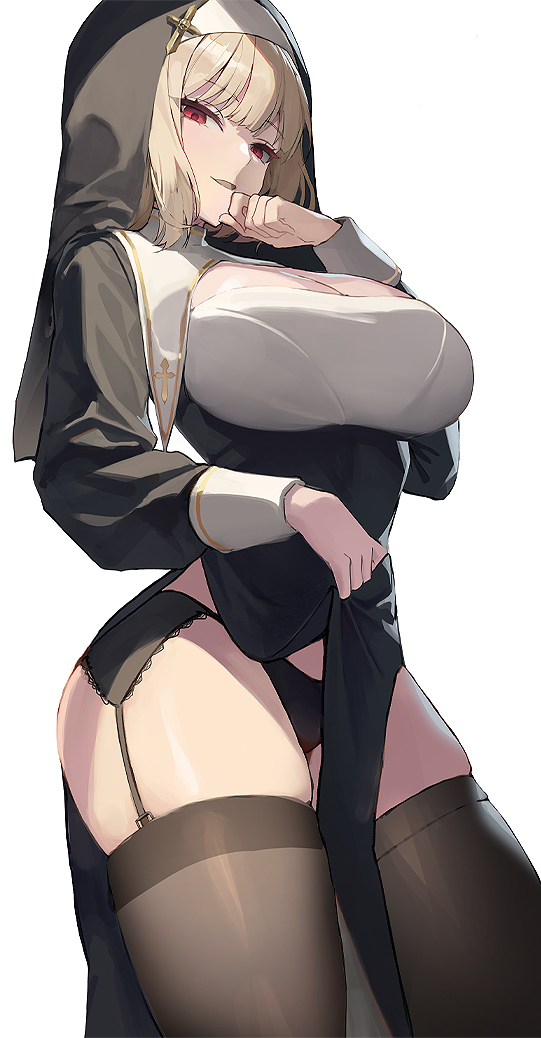 1girl black_panties black_thighhighs blonde_hair breasts cleavage commentary_request garter_straps large_breasts long_sleeves looking_at_viewer naad nun open_mouth original panties red_eyes short_hair simple_background smile solo standing thighhighs thighs underwear white_background