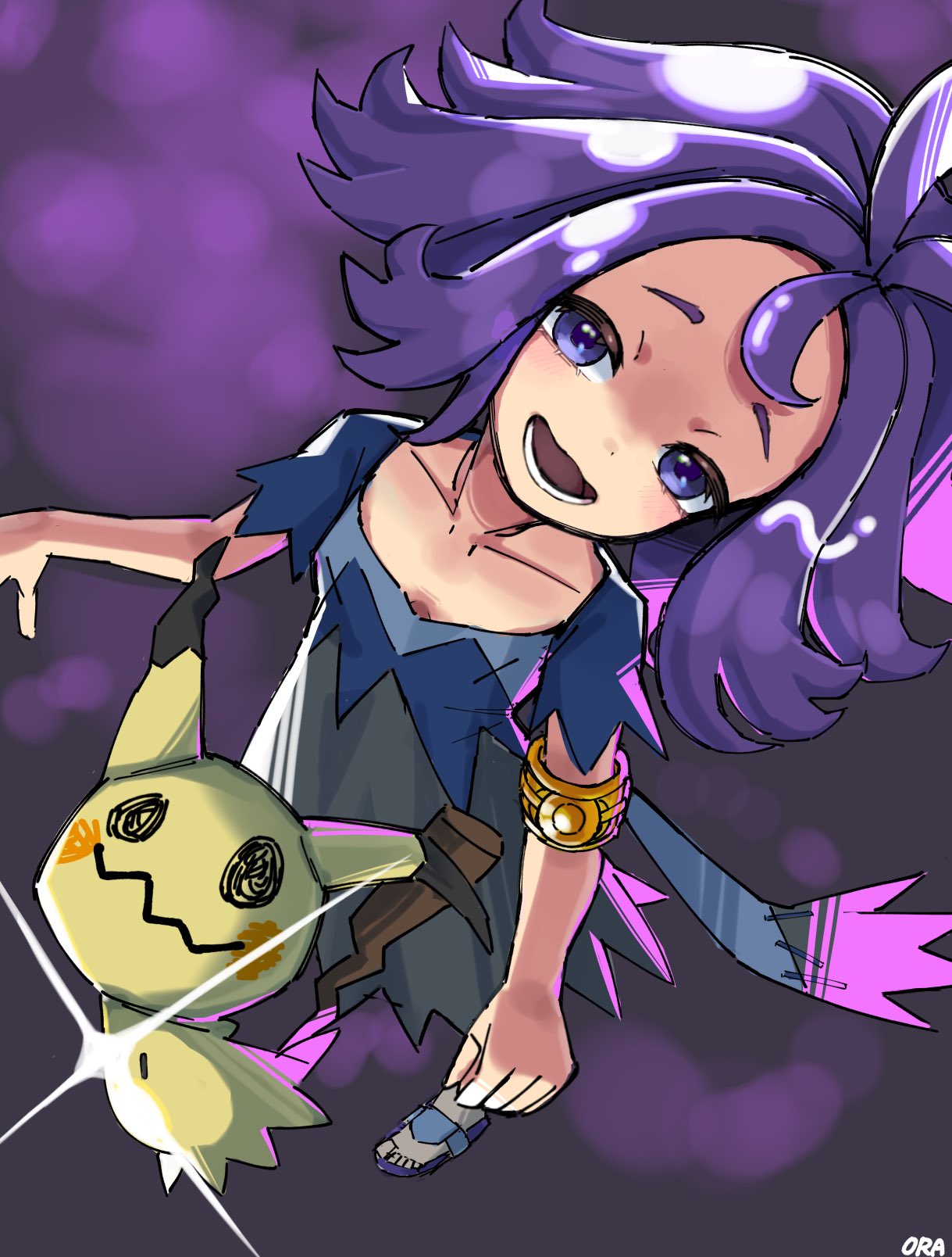 1girl :d acerola_(pokemon) armlet blue_dress collarbone commentary_request dress eyelashes highres lower_teeth_only mimikyu open_mouth ora_(oraora_oekaki) pokemon pokemon_(creature) pokemon_sm purple_eyes purple_hair sandals short_sleeves smile teeth toes topknot torn_clothes torn_dress