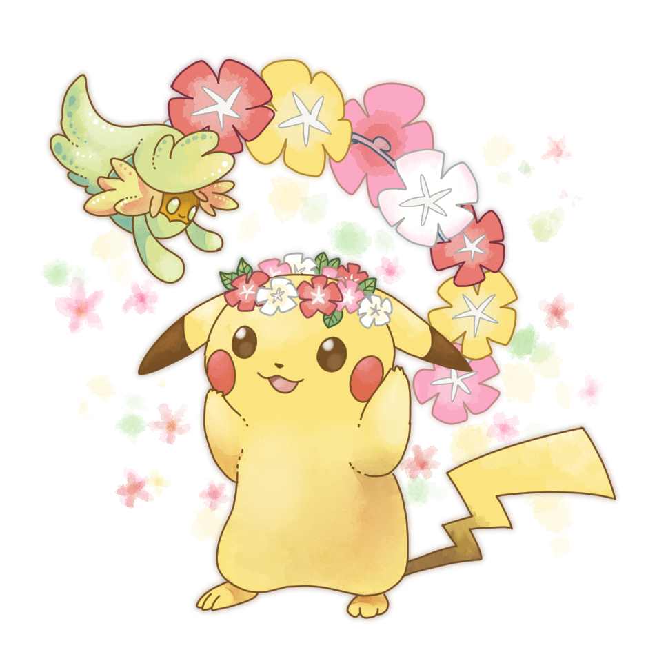 animal_focus brown_eyes comfey commentary_request flower full_body green_eyes head_wreath no_humans open_mouth pikachu pink_flower pokemon pokemon_(creature) red_flower satotsu simple_background smile solo standing white_background white_flower yellow_flower