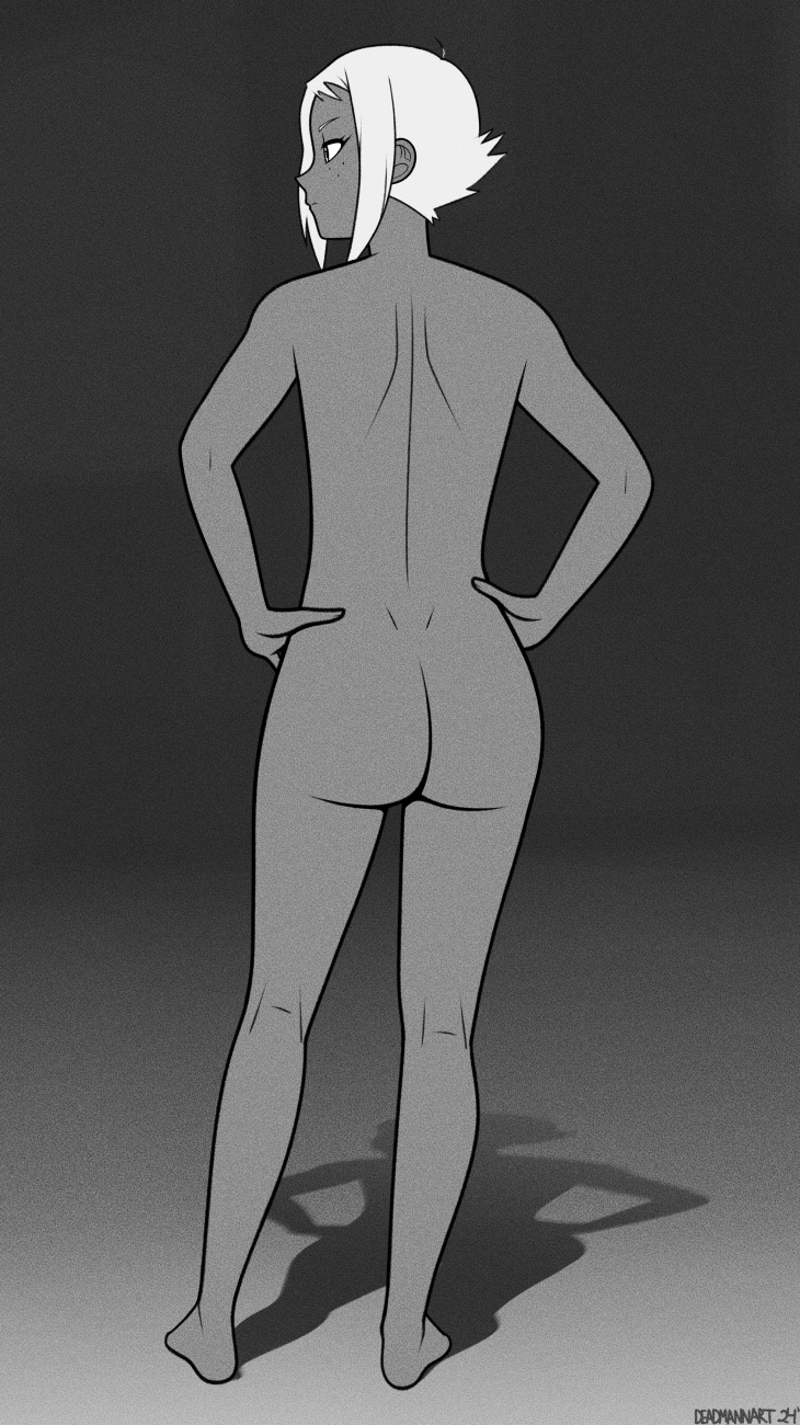 1girl ass barefoot closed_mouth completely_nude dark-skinned_female dark_skin deadmann_artworks english_commentary freckles from_behind full_body hands_on_own_hips highres lal'c_mellk_mal monochrome nude short_hair shoulder_blades sidelocks solo standing top_wo_nerae_2! white_hair