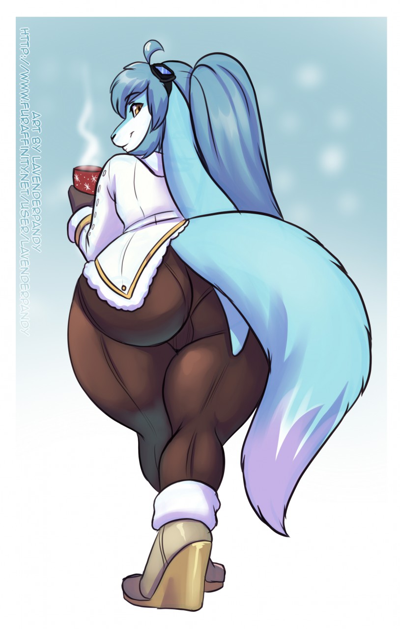 anthro big_butt bulge butt canid canine clothed clothing crossdressing fox girly hybrid lagomorph lavenderpandy looking_back male mammal rabbit smile solo thick_thighs