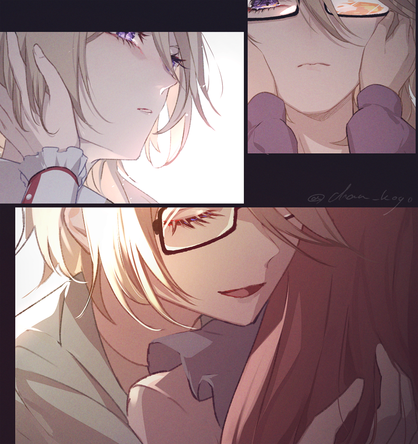 2girls brown_hair close-up closed_mouth glasses hair_between_eyes hand_on_another's_face hand_up hands_on_another's_face hug ko_(kochan_pr) long_sleeves multiple_girls multiple_views open_mouth out_of_frame pretty_series purple_eyes smile sumeragi_amane_(pretty_series) waccha_primagi! yayoi_hina yuri