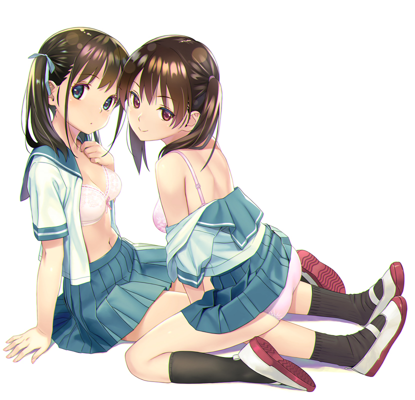 2girls black_socks blue_eyes blue_ribbon blue_sailor_collar blue_skirt bra breasts brown_hair clothes_pull commentary_request from_side full_body hair_ribbon kneehighs kneeling koutaro long_hair multiple_girls navel open_clothes open_shirt original panties pink_bra pink_panties red_eyes ribbon sailor_collar school_uniform serafuku shirt_pull shoes short_sleeves side_ponytail simple_background sitting skirt socks summer_uniform twintails underwear uwabaki white_background white_footwear yuri