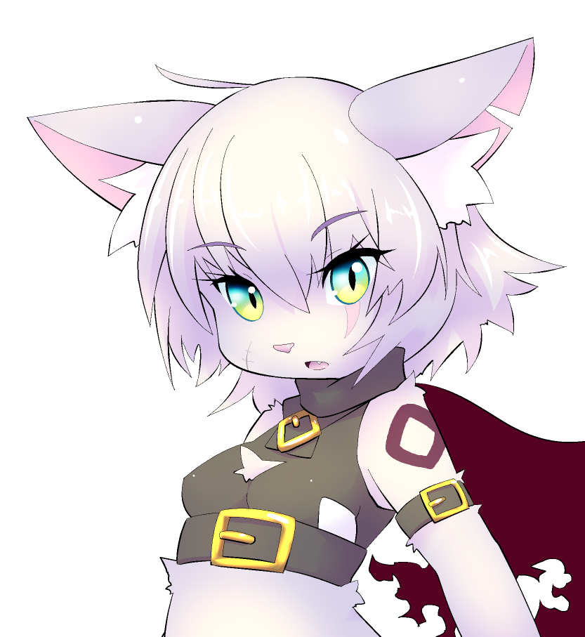 anthro chromatic_aberration clothed clothing cute_fangs fate/grand_order felid feline female fullmoon_gtrn_(artist) hair kemono mammal open_mouth scar simple_background solo white_background white_hair がちりん