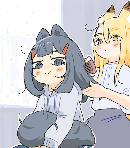 2girls animal_ears apron asymmetrical_bangs black_apron black_eyes black_hair blonde_hair blunt_bangs blush brushing_another's_hair brushing_hair closed_mouth fox_ears fox_girl grey_hoodie hair_brush hair_ornament hairclip holding holding_hair_brush holding_own_tail hood hood_down hoodie jibakurei_(elite_unchi) kitsune long_hair long_sleeves looking_at_another looking_at_viewer multiple_girls orange_eyes original paid_reward_available raccoon_ears raccoon_girl raccoon_tail ringed_eyes sitting smile tail thick_eyebrows waist_apron