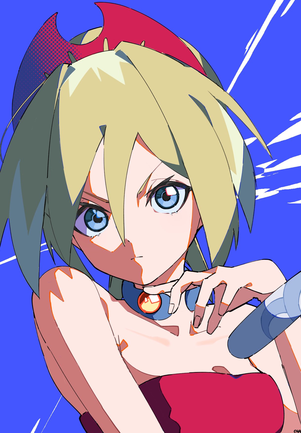 1girl blonde_hair blue_background blue_eyes bracelet closed_mouth collarbone commentary_request eyelashes hair_between_eyes hairband hand_up highres irida_(pokemon) jewelry kanimaru looking_at_viewer neck_ring pokemon pokemon_legends:_arceus shirt solo strapless strapless_shirt