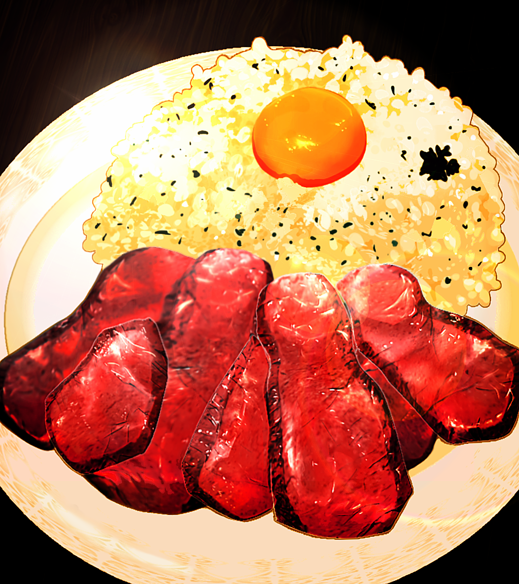 char-siu egg_yolk food food_focus frying-ammonite garnish no_humans original plate rice still_life tamagokake_gohan