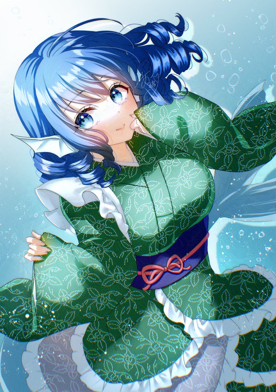 1girl alto2019 blue_eyes blue_hair blue_sash breasts closed_mouth commentary_request drill_hair drill_sidelocks fins frilled_kimono frills green_kimono head_fins highres japanese_clothes kimono kneeless_mermaid large_breasts long_sleeves mermaid monster_girl obi sash sidelocks smile solo touhou underwear upper_body wakasagihime wide_sleeves