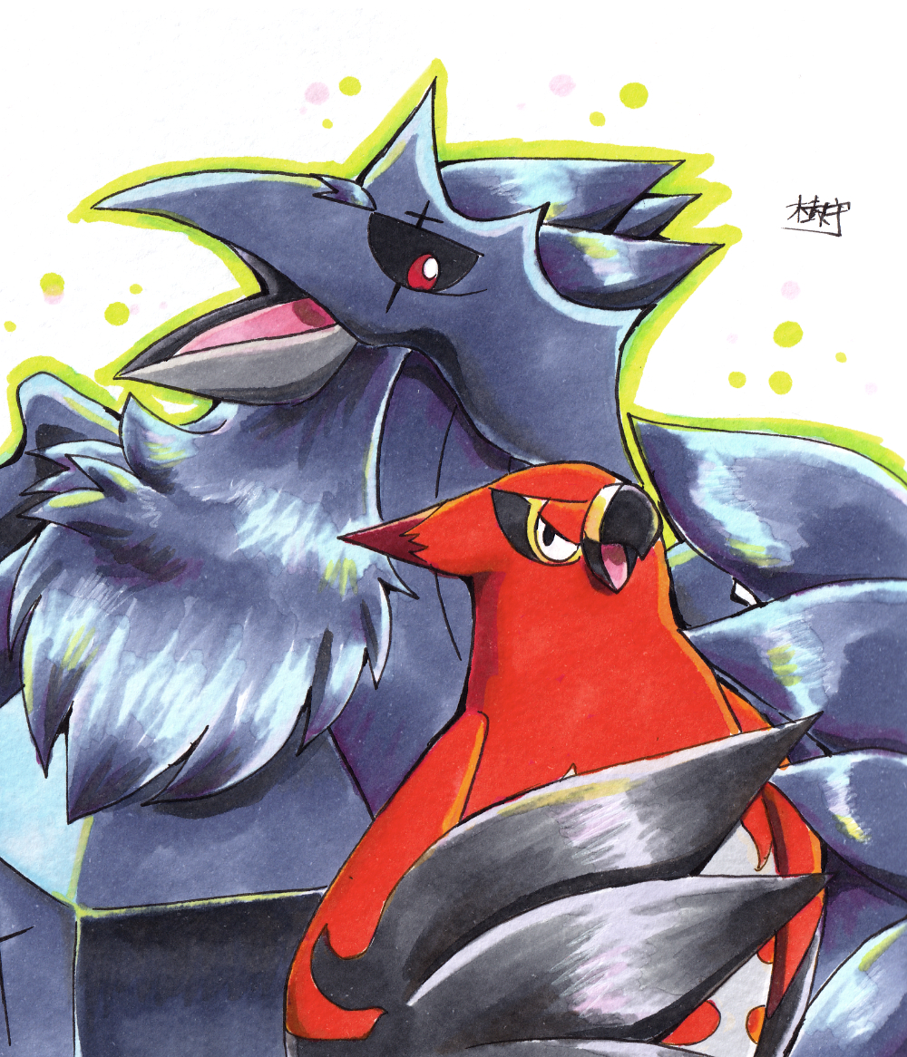 bird black_eyes black_sclera colored_sclera corviknight kimori_mfkayj no_humans open_mouth pokemon pokemon_(creature) red_eyes simple_background talonflame