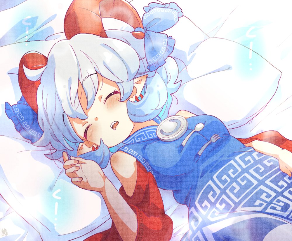 1girl blue_dress breasts closed_eyes curly_hair dress earrings fork frilled_ribbon frills grey_hair hair_ribbon horn_ornament horn_ribbon horns jewelry mandarin_collar meandros medium_hair open_mouth patterned_clothing pillow pointy_ears red_horns red_sleeves ribbon saliva sheep_horns sleeping small_breasts solo spoon tanasuke touhou toutetsu_yuuma utensil