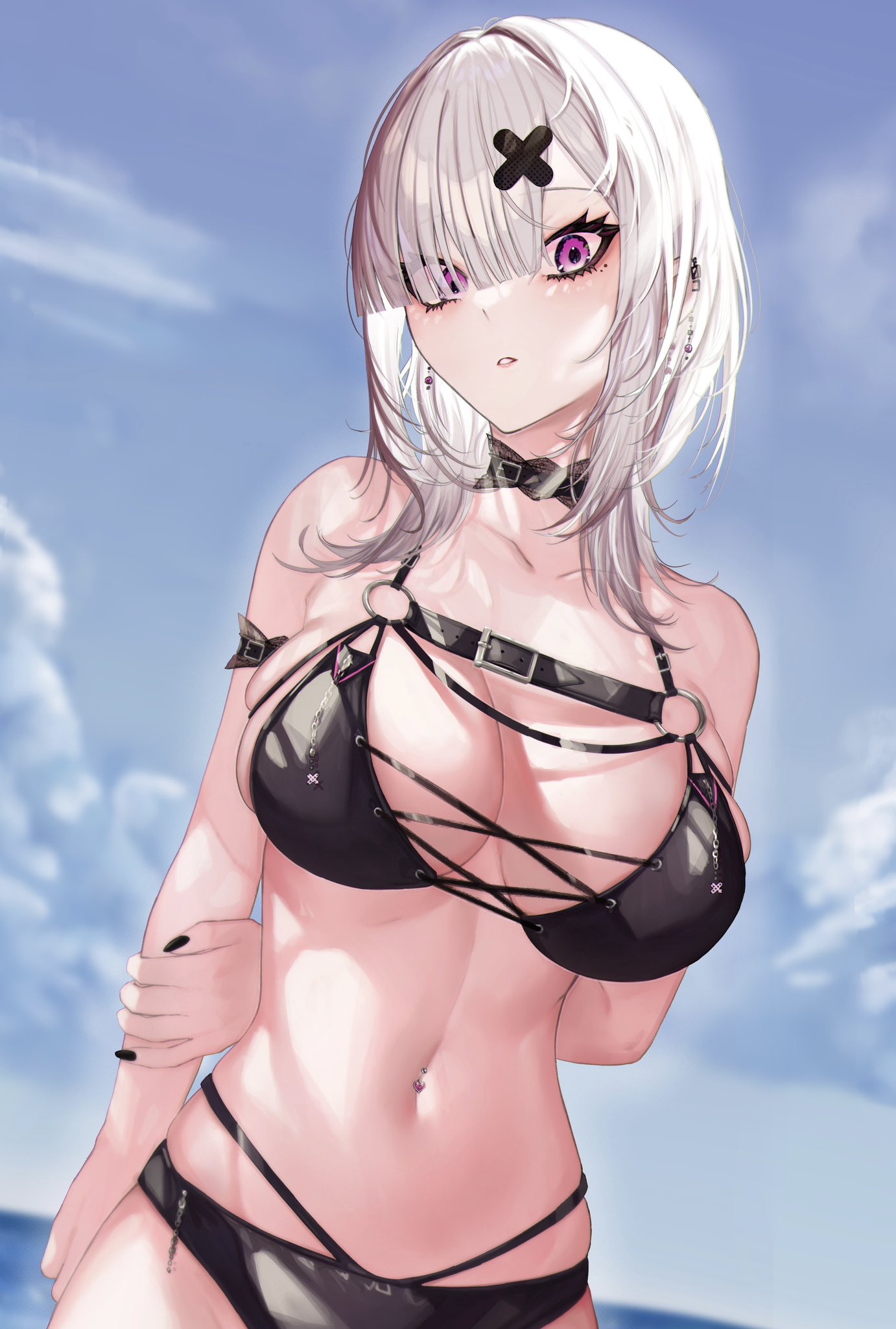 1girl arm_behind_back bare_shoulders belt bikini black_belt black_bikini black_choker blue_sky breasts chest_belt choker cloud cloudy_sky cowboy_shot ear_piercing earrings grey_hair gurumyuu hair_ornament hair_over_one_eye highres jewelry large_breasts long_hair looking_at_viewer multi-strapped_bikini_bottom multi-strapped_bikini_top nail_polish navel nijisanji o-ring o-ring_top parted_lips piercing purple_eyes skindentation sky solo sukoya_kana swimsuit virtual_youtuber x_hair_ornament