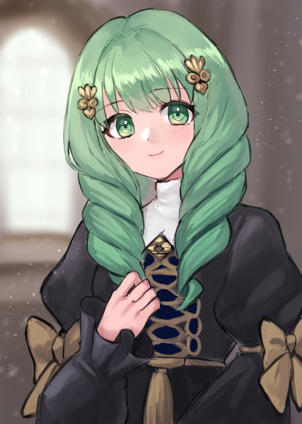 1girl closed_mouth drill_hair fire_emblem fire_emblem:_three_houses flayn_(fire_emblem) garreg_mach_monastery_uniform green_eyes green_hair hazuki_(nyorosuke) highres looking_at_viewer smile twin_drills uniform