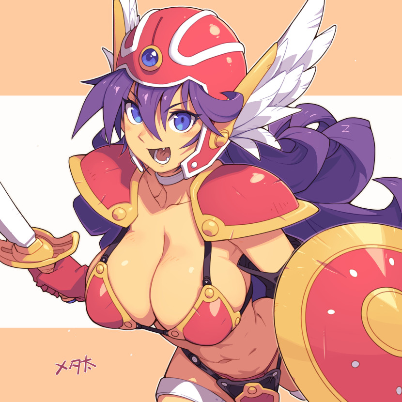 1girl :d abs armor bikini_armor blue_eyes breasts choker collarbone commentary_request dragon_quest dragon_quest_iii hair_between_eyes helmet holding holding_shield holding_sword holding_weapon large_breasts long_hair looking_at_viewer metata navel open_mouth purple_hair red_armor shield smile soldier_(dq3) solo sword teeth weapon white_choker