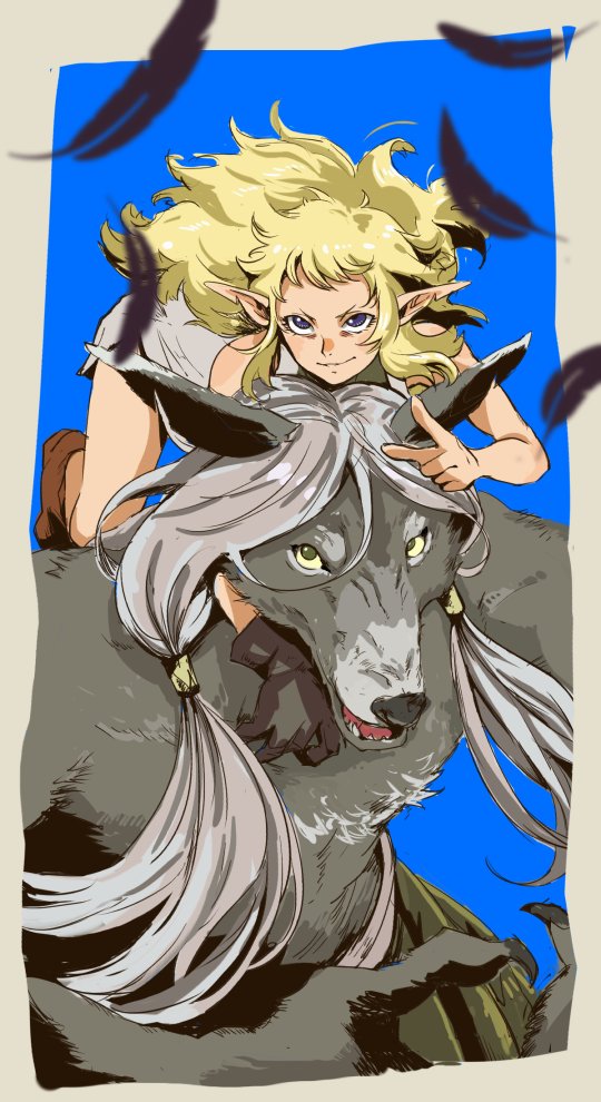 1boy 1girl 71 black_gloves blonde_hair blue_background border claws colored_sclera dungeon_meshi elf feathers fleki furry furry_male gloves green_eyes grey_border grey_fur lycion messy_hair notched_ear pointing pointy_ears purple_eyes riding single_glove smirk topless_male tunic v-shaped_eyebrows white_hair white_tunic wolf_boy yellow_sclera