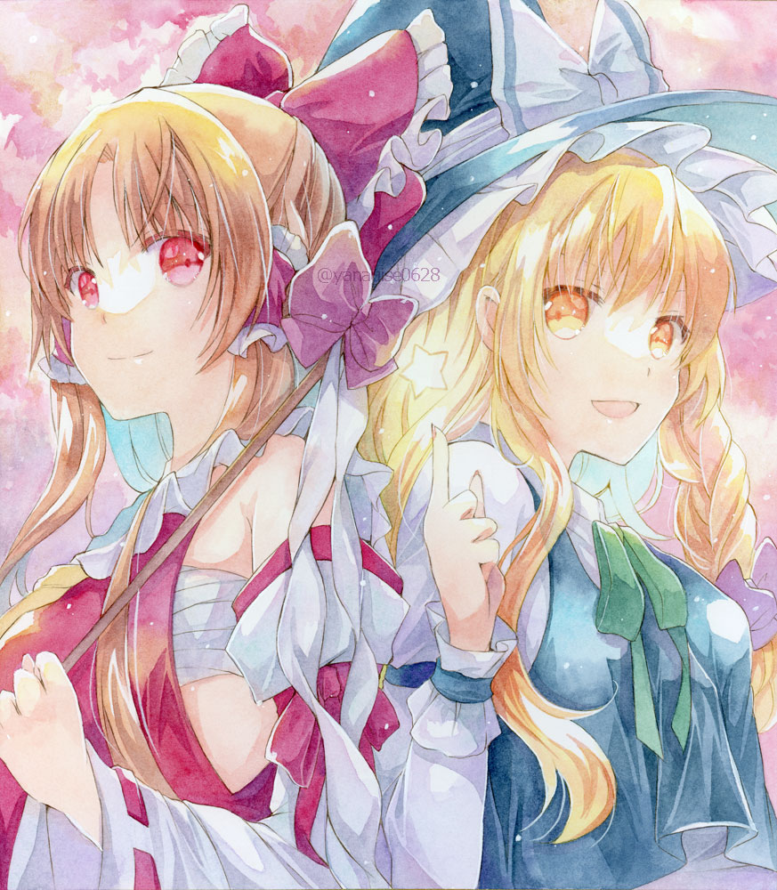 2girls ascot blonde_hair bow braid brown_hair chest_sarashi closed_mouth commentary_request detached_sleeves frilled_bow frilled_hair_tubes frills gohei hair_bow hair_tubes hakurei_reimu hat hat_bow holding holding_gohei kirisame_marisa long_hair long_sleeves multiple_girls open_mouth painting_(medium) purple_bow red_bow red_eyes ribbon-trimmed_sleeves ribbon_trim sarashi side_braid single_braid smile sparkle touhou traditional_media twitter_username watercolor_(medium) white_bow witch_hat yanagise yellow_ascot yellow_eyes