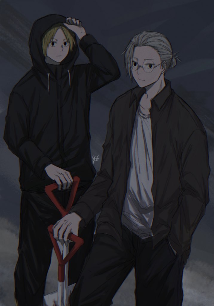 2boys black_hoodie black_jacket blonde_hair collared_jacket glasses grey_hair hair_bun hand_in_pocket holding holding_shovel hood hood_up hoodie implied_murder jacket looking_at_viewer multiple_boys open_clothes open_jacket rokuen_skd sakamoto_days sakamoto_taro scar shin_(sakamoto_days) shirt shovel undershirt white_shirt white_undershirt