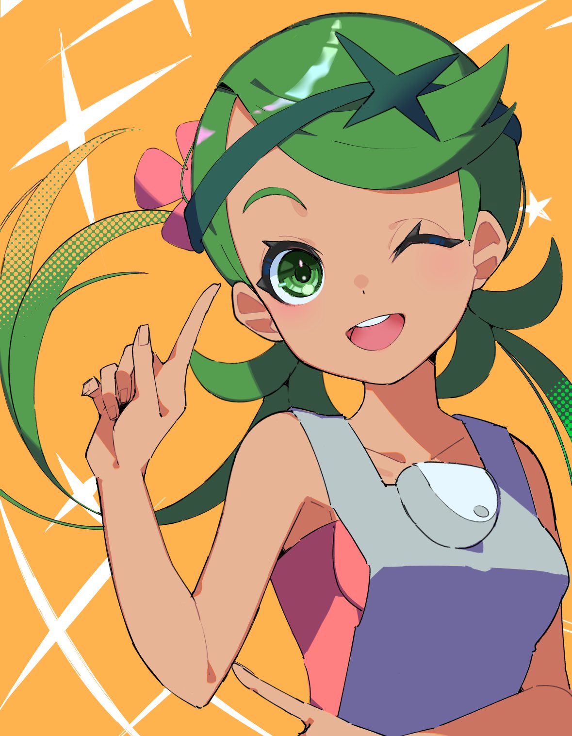 1girl ;d commentary_request eyelashes green_eyes green_hair grey_overalls hand_up headband highres index_finger_raised kanimaru long_hair mallow_(pokemon) one_eye_closed open_mouth orange_background overalls pink_shirt pokemon pokemon_sm shirt smile solo swept_bangs teeth twintails upper_body upper_teeth_only