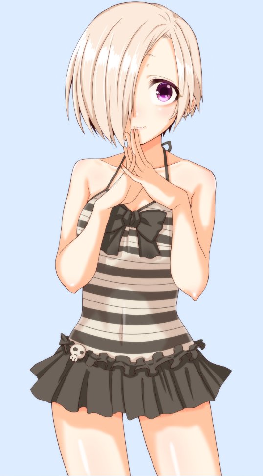 1girl bare_shoulders black_bow black_bowtie black_one-piece_swimsuit blonde_hair blue_background blush bow bowtie closed_mouth collarbone covered_navel cowboy_shot flat_chest hair_over_one_eye hands_up idolmaster idolmaster_cinderella_girls idolmaster_cinderella_girls_starlight_stage kokechan looking_at_viewer one-piece_swimsuit own_hands_together purple_eyes shirasaka_koume short_hair simple_background skull_ornament smile solo standing striped_clothes striped_one-piece_swimsuit swimsuit swimsuit_skirt