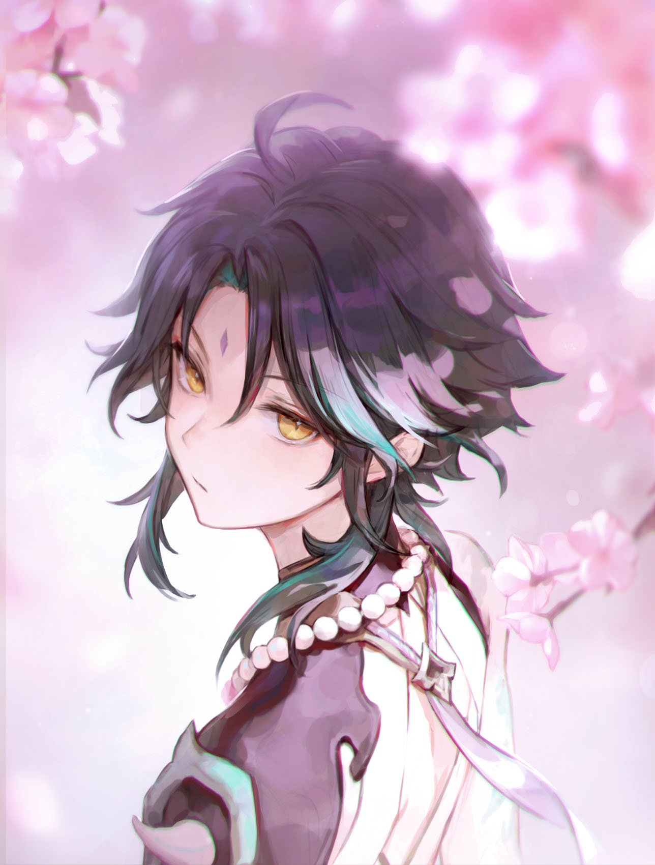 1boy aamoooon_e ahoge bead_necklace beads black_hair cherry_blossoms closed_mouth facial_mark flower forehead_mark genshin_impact green_hair highres jewelry looking_at_viewer male_focus multicolored_hair necklace petals pink_flower solo upper_body xiao_(genshin_impact) yellow_eyes