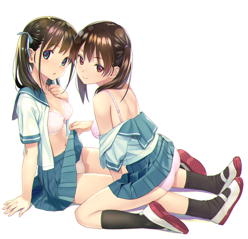 2girls ass black_socks blue_eyes blue_ribbon blue_sailor_collar blue_skirt bow bow_bra bra breasts brown_hair clothes_lift clothes_pull commentary_request from_side full_body hair_ribbon hand_up kneehighs kneeling koutaro lifting_another's_clothes long_hair multiple_girls navel open_clothes open_shirt original panties pink_bra pink_panties red_eyes ribbon ribbon-trimmed_bra sailor_collar school_uniform serafuku shirt_pull shoes short_sleeves side_ponytail simple_background sitting skirt skirt_lift socks summer_uniform twintails underwear uwabaki white_background white_bra white_footwear white_panties yuri