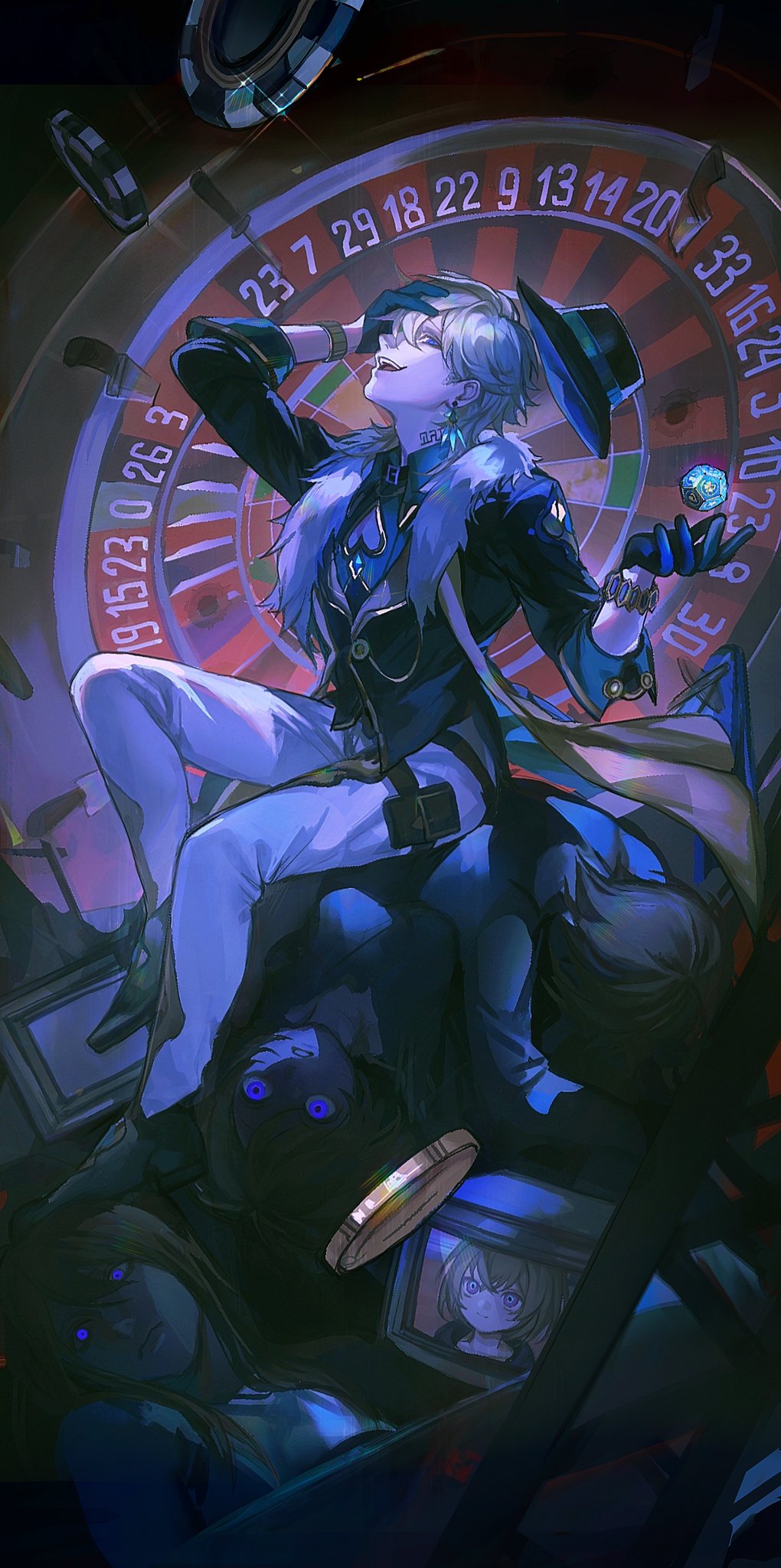 1boy aqua_shirt aventurine_(honkai:_star_rail) black_gloves black_hat blonde_hair collared_shirt earrings fur_trim gloves hat highres honkai:_star_rail honkai_(series) jewelry looking_at_viewer male_focus multicolored_eyes pants poker_chip roulette_table shirt short_hair solo table thijikoy white_pants