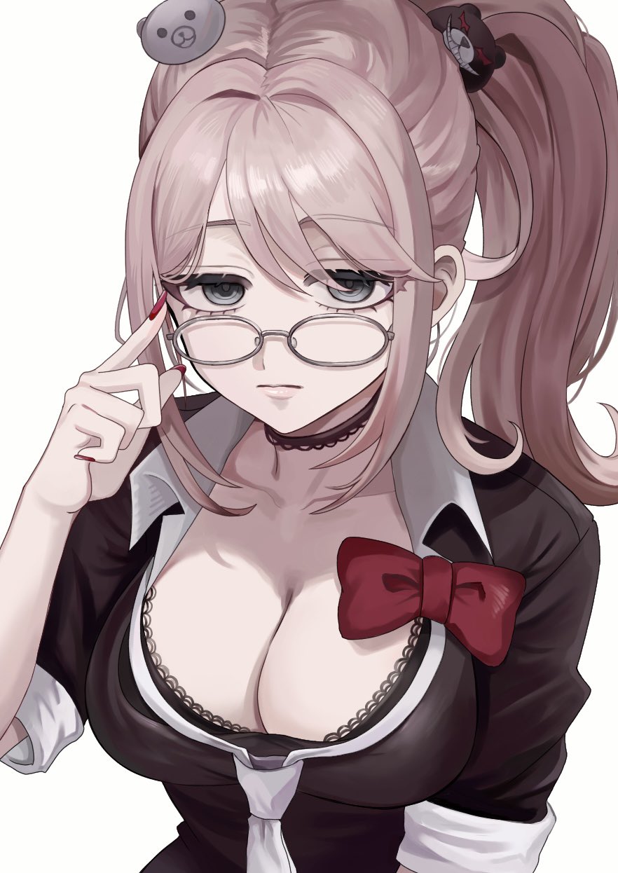 1girl bear_hair_ornament bespectacled black_shirt blonde_hair blue_eyes bow breasts choker cleavage collarbone danganronpa:_trigger_happy_havoc danganronpa_(series) enoshima_junko glasses hair_ornament highres large_breasts long_hair looking_at_viewer michi_(michiisidayo) nail_polish necktie official_alternate_hairstyle ponytail red_bow red_nails shirt smile solo