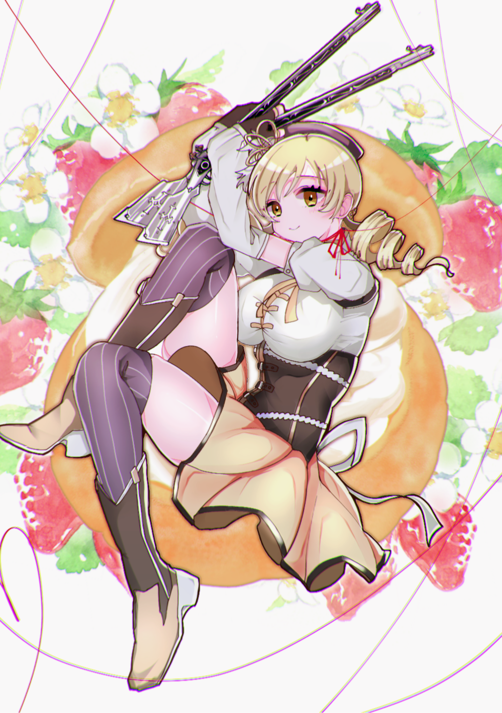 1girl arms_up beret blonde_hair boots breasts brown_corset brown_footwear brown_gloves brown_hat brown_thighhighs closed_mouth commentary corset detached_sleeves drill_hair fingerless_gloves floral_background fruit_background gloves gun hair_ornament hat highres holding holding_weapon knee_boots knees_up large_breasts long_sleeves magical_girl magical_musket mahou_shoujo_madoka_magica mahou_shoujo_madoka_magica_(anime) medium_hair neck_ribbon puffy_short_sleeves puffy_sleeves red_ribbon ribbon short_sleeves smile solo striped_clothes striped_thighhighs thighhighs tomoe_mami twin_drills usagi_(jczx4258) weapon white_background yellow_eyes yellow_ribbon zettai_ryouiki