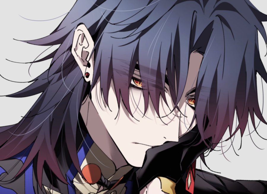 1boy black_gloves black_hair blade_(honkai:_star_rail) closed_mouth collared_shirt dlckrpwjd111 earrings gloves grey_background hair_over_eyes hand_on_another's_face honkai:_star_rail honkai_(series) jewelry long_hair looking_at_viewer orange_eyes parted_bangs shirt slit_pupils thick_eyebrows upper_body