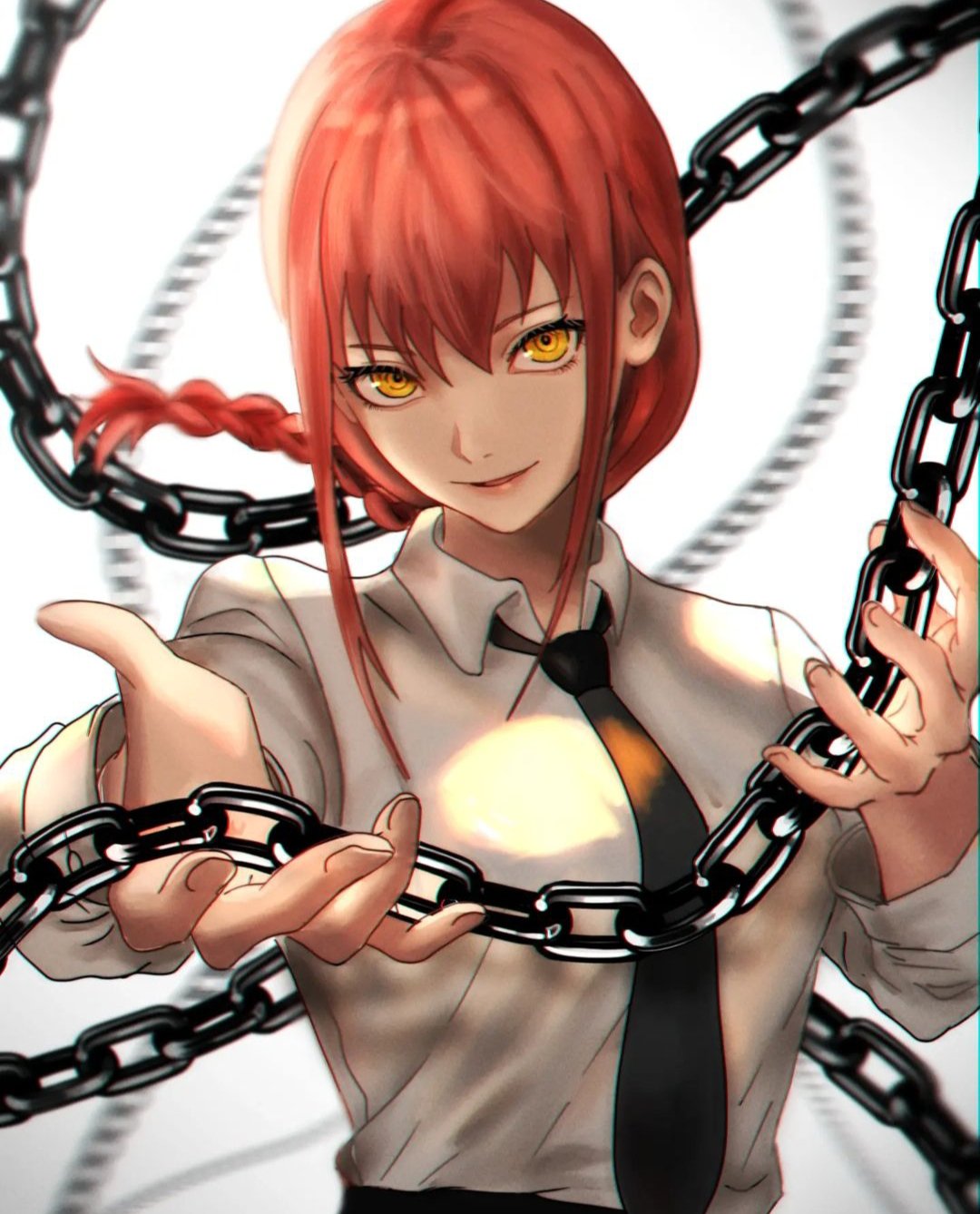 1girl black_necktie black_pants braid chain chainsaw_man collared_shirt formal highres hikarilux holding holding_chain looking_at_viewer makima_(chainsaw_man) necktie office_lady pants red_hair shirt simple_background solo suit white_background yellow_eyes