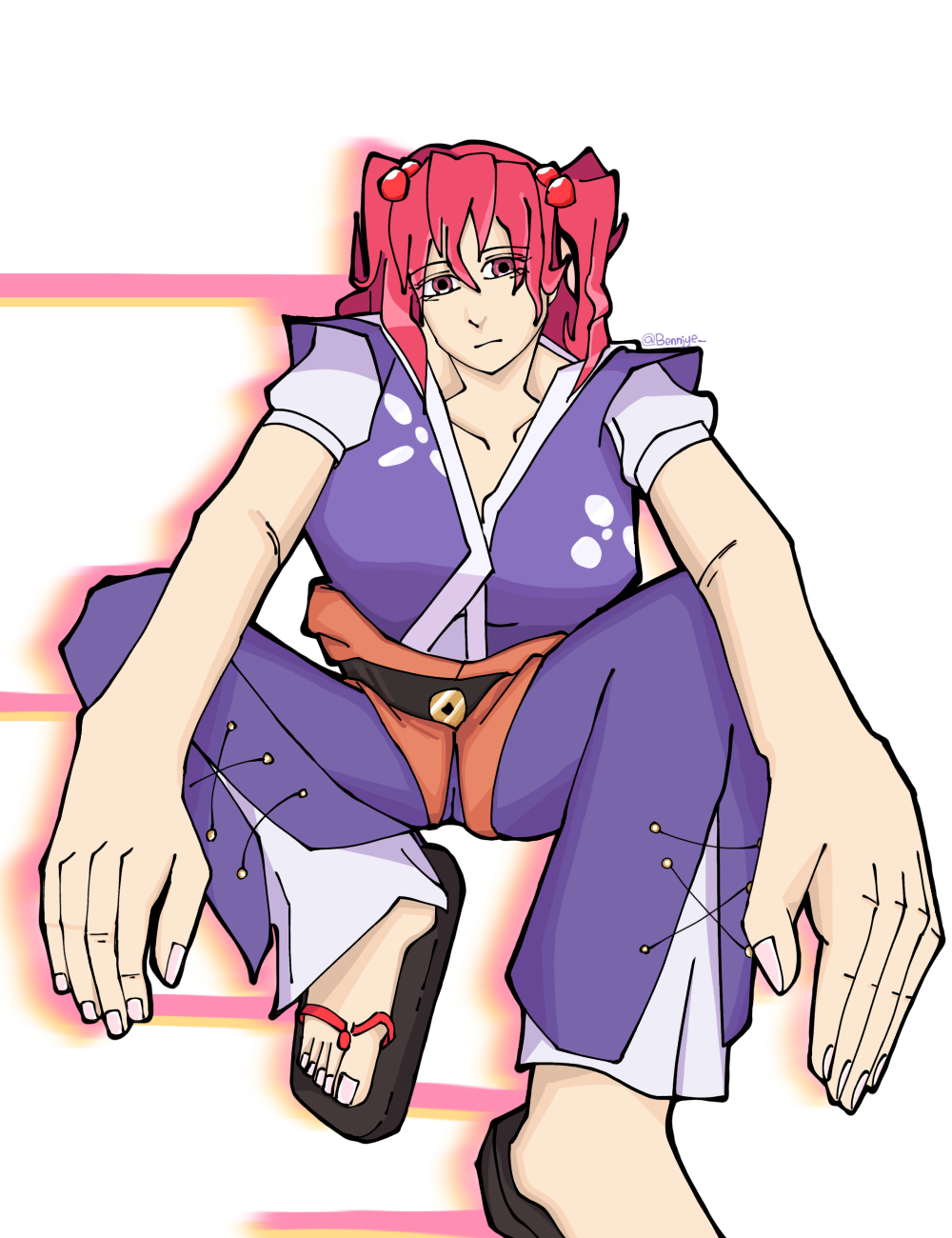 beads belt blank_eyes blank_stare feet fingernails hair_beads hair_ornament highres medium_hair nail_polish non-web_source onozuka_komachi outstretched_arms patterned_clothing phantasmagoria_of_flower_view ponytail red_eyes red_hair sandals sitting spread_legs squinting touhou vest