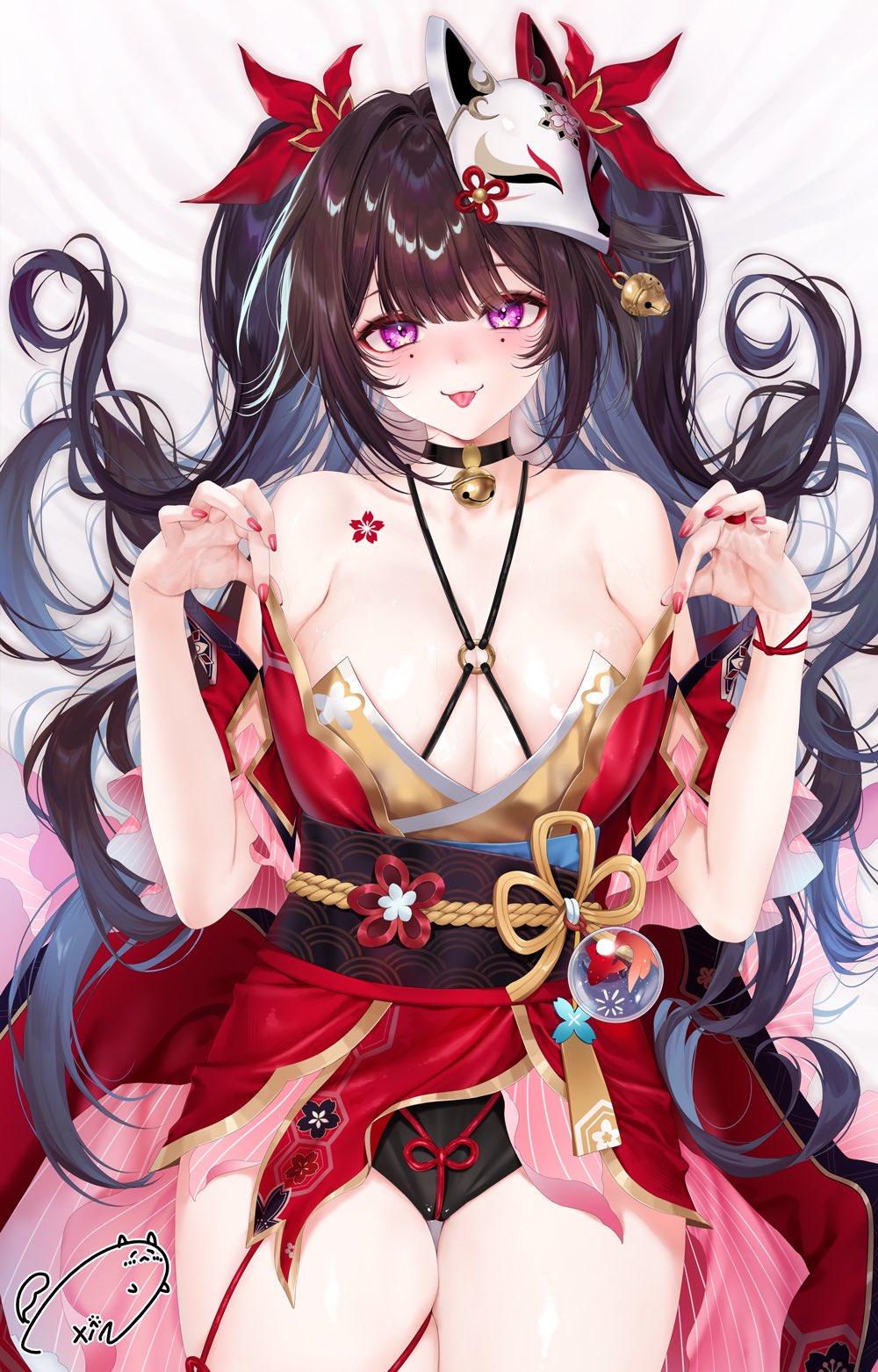 1girl bell black_choker blush breasts brown_hair choker dress fox_mask highres honkai:_star_rail honkai_(series) large_breasts long_hair mask mask_on_head neck_bell obiwan purple_eyes red_dress red_nails solo sparkle_(honkai:_star_rail) tongue tongue_out weisuoxin