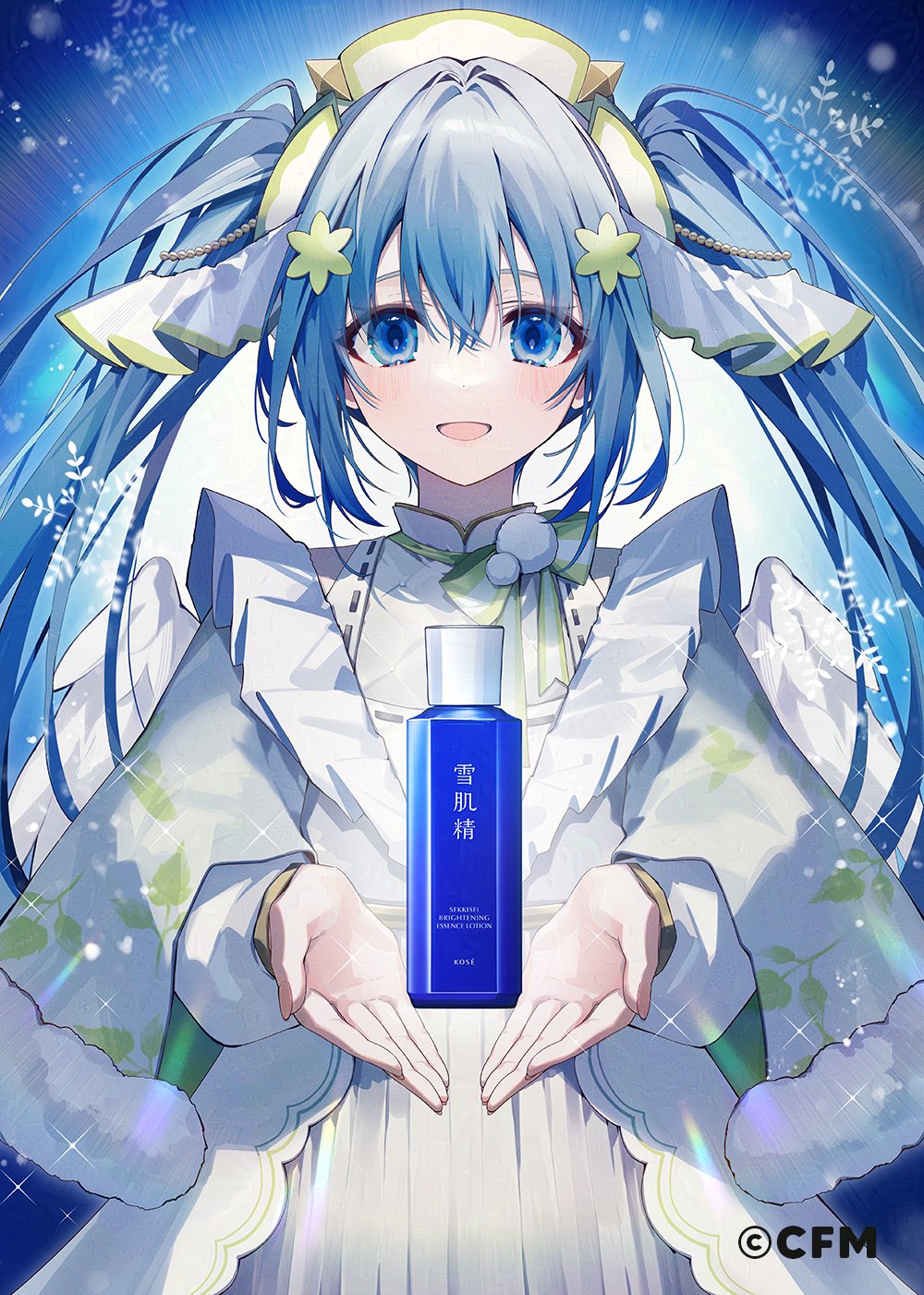 1girl :d angel_wings blue_eyes blush cape dress frills fur-trimmed_cape fur_trim hair_between_eyes hair_ornament hat hatsune_miku highres long_hair long_sleeves looking_at_viewer open_mouth oshio_(dayo) smile snowflake_print snowflakes solo straight-on twintails upper_body very_long_hair vocaloid white_dress wings yuki_miku