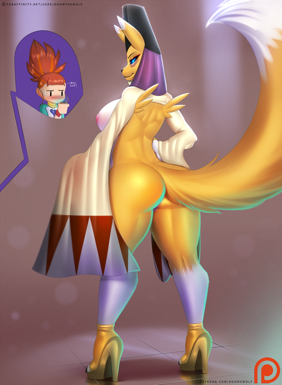 2017 anthro areola black_nose black_sclera blue_eyes blush breasts butt canine clothing digimon dipstick_tail doomthewolf female footwear fox fur hi_res high_heels human looking_back mammal multicolored_tail nipples patreon rear_view rika_nonaka shoes smile solo_focus taomon yellow_fur