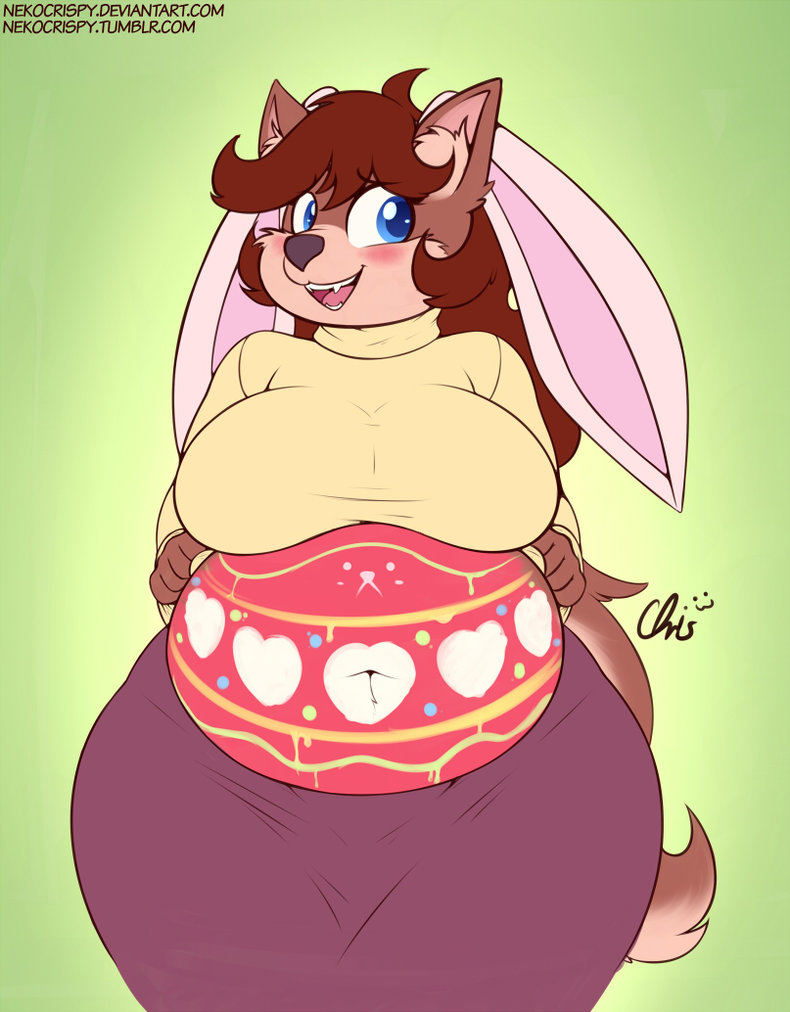 anthro belly big_belly big_breasts blue_eyes blush bodypaint breasts brown_fur brown_hair canine clothing costume dog easter fake_ears female fur hair holidays invalid_tag mammal mary_blissany navel nekocrispy overweight skirt smile sweater wide_hips