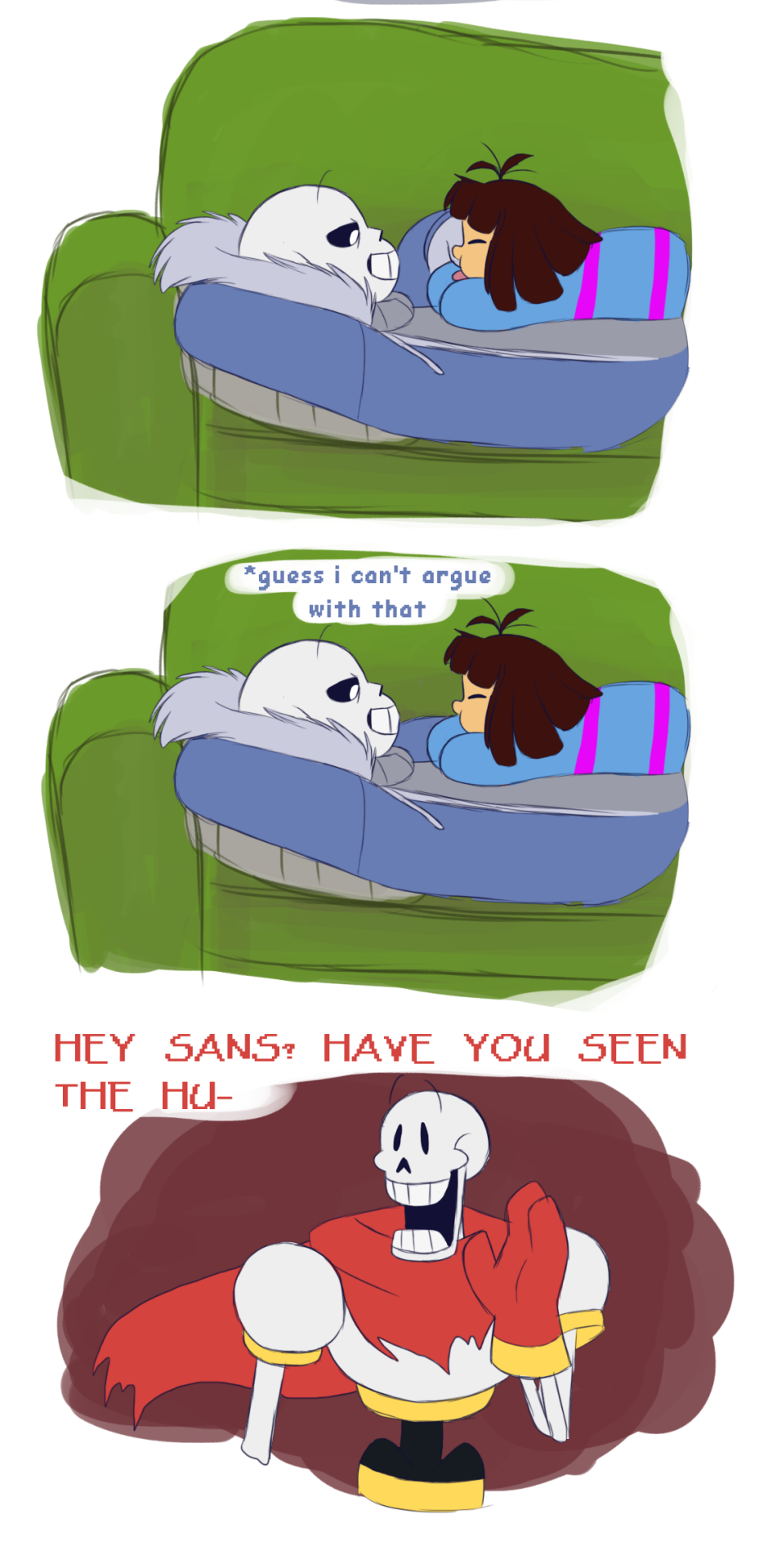 animated_skeleton bone clothed clothing comic dialogue hair human male mammal not_furry papyrus_(undertale) protagonist_(undertale) sans_(undertale) skeleton sofa tc-96 text undead undertale video_games