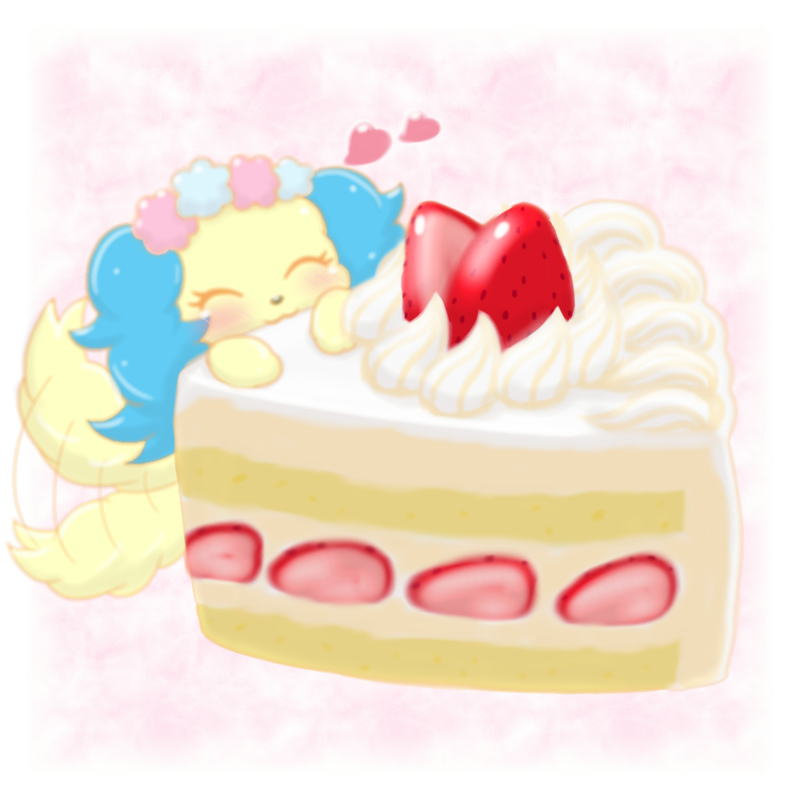 &lt;3 blue_fur cake canine cute dog fluffy fluffy_tail food fruit fur jewelpet long_ears mammal sanrio sapphie_(jewelpet) simple_background strawberry strawberry_shortcake_(food) tailwag yellow_fur 秋服えのきつね