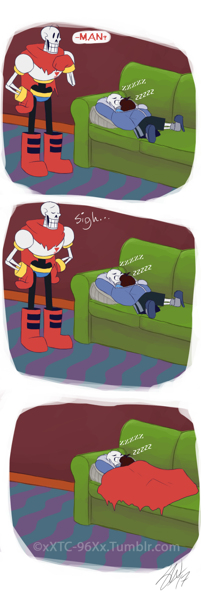 animated_skeleton bone clothed clothing comic dialogue eyes_closed hair human male mammal not_furry papyrus_(undertale) protagonist_(undertale) sans_(undertale) skeleton sleeping sofa tc-96 text undead undertale video_games